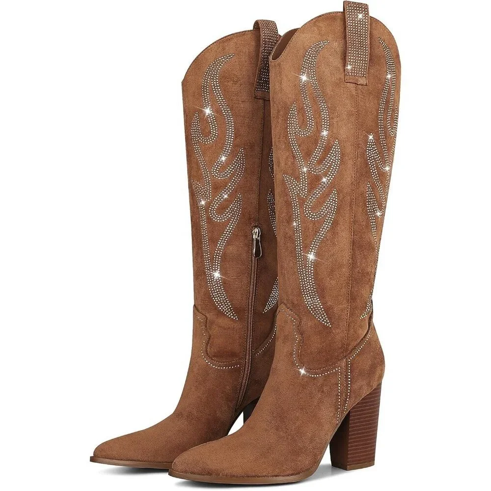 Women Suede Brown Rhinestones Embroidered Side Zip Pointed Toe Knee High Boots